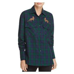 PETERSYN Womens Navy Plaid Long Sleeve Collared Top Size: XS